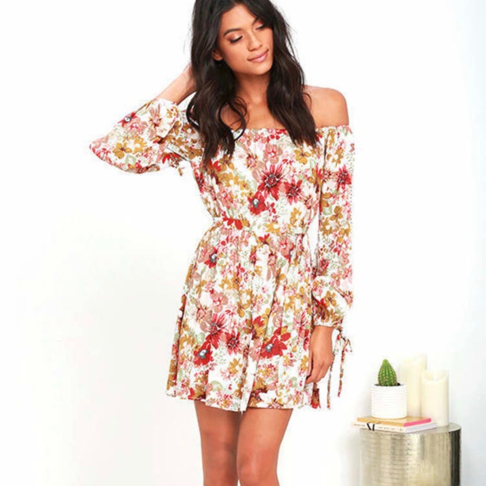 Lulu's Red and Pink Off-Shoulder Sundress with Bishop Sleeves